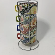 Pier 1 Imports Set Of 4 Nesting Cups W/Holder Painted Stoneware Paisley/Floral