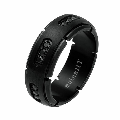 Herren 8mm Titan Band Schwarz IP Ring 18 Schwarze Zirkonia CZs / Geschenkbox - Bild 3 von 4