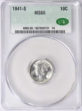 1941 - S   MERCURY  DIME -  CAC  GRADED  MS  65