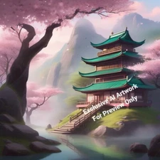 Digital Image Picture AI Artwork Buddhist Temple in the Mountains Peaceful Scene