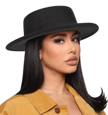 Pork-Pie-Fedora-Hat Wide Brim Felt Flat-Top-Boater Hat for Men Women Size:M