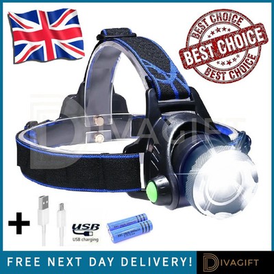 NEU T6 STIRNLAMPE 350000LM LED ZOOM SCHEINWERFER WIEDERAUFLADBARE STIRNLAMPE USB LINE UK