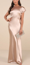 NWT Lulus Captivating Presence Champagne Satin Cowl Back Maxi Dress - S