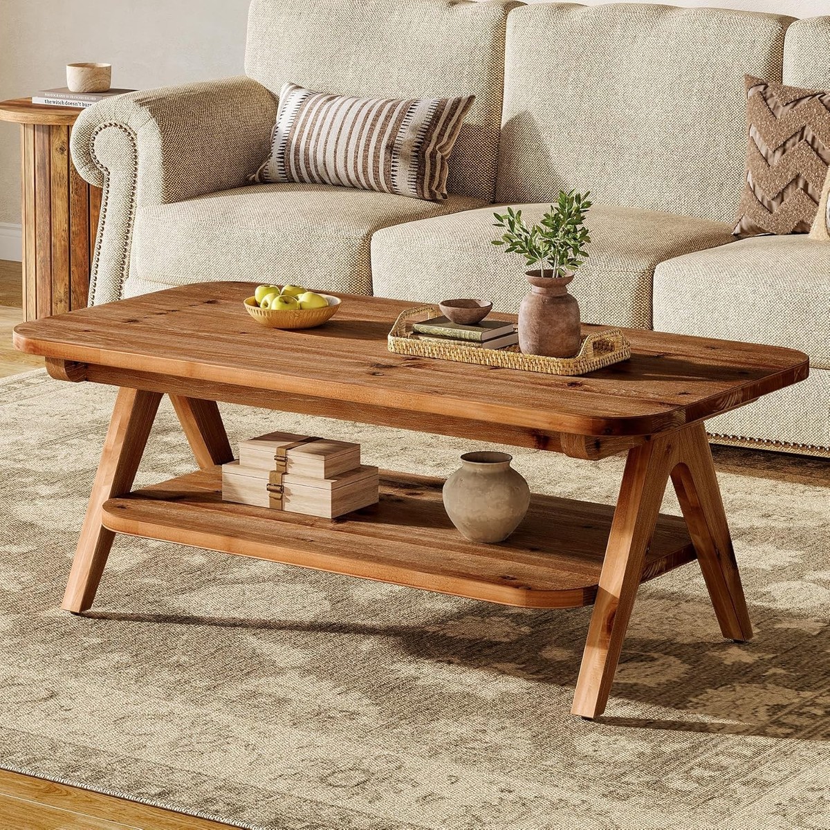 47.24'' Solid Wood Coffee Table 2-Tier Farmhouse Center Table with