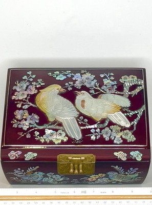 Vintage Korean Najeon Lacquer Jewelry Box Mother of Pearl Inlay Flowers & Birds