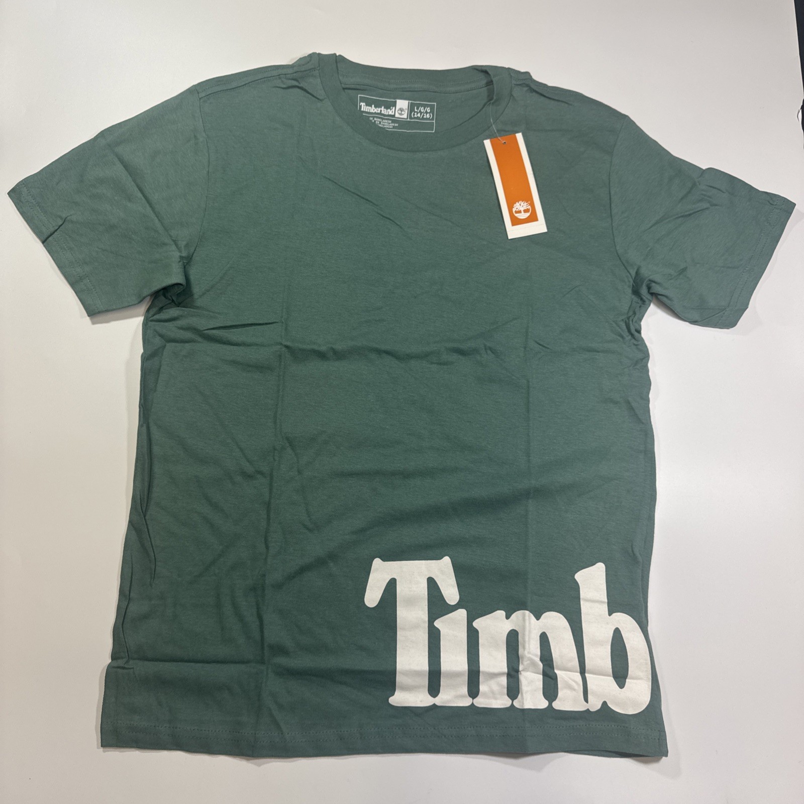 Timberland Shirt Boys Size Large 14/16 Sea Pine Green Tshirt Tee Logo