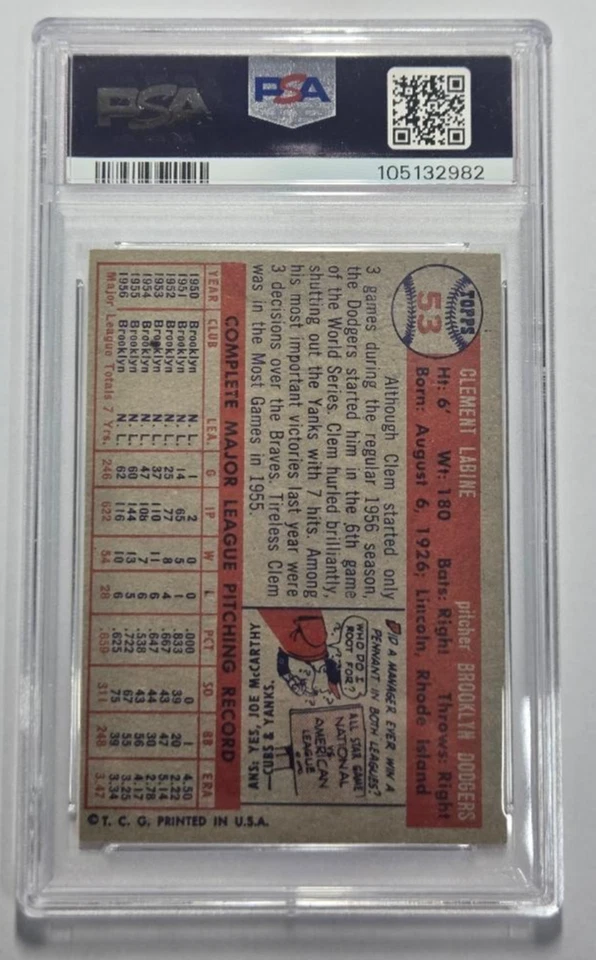 1957 TOPPS #53 CLEM LABINE PSA EX 5 (MK) - Image 2 of 2