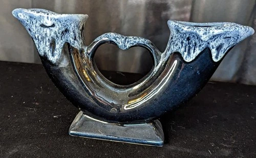 Vtg Van Briggle Black Blue Pottery Wedding Vase Double Cornucopia Heart 920-4