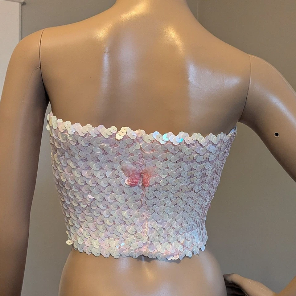 Top Tubo Vintage Y2K Jessica McClintock Rosa Lentejuelas Mariposa Talla S Foto 3 de 4