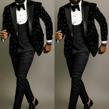 Beaded Men's Suit Party Prom Evening Velvet Jacket Coat Vest Black Hosting 3Pcs