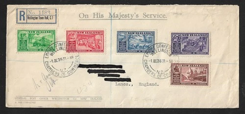NEW ZEALAND WELLINGTON TO UK CHAMBER OF COMMERCE FDC REGD. OHMS COVER 1936