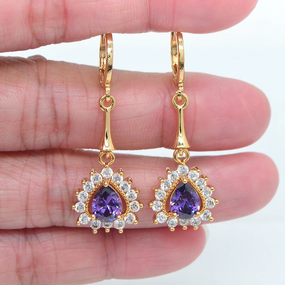 Pendientes lágrima topacio místico rosa moda oro amarillo 18K para mujer joyería Foto 2 de 4