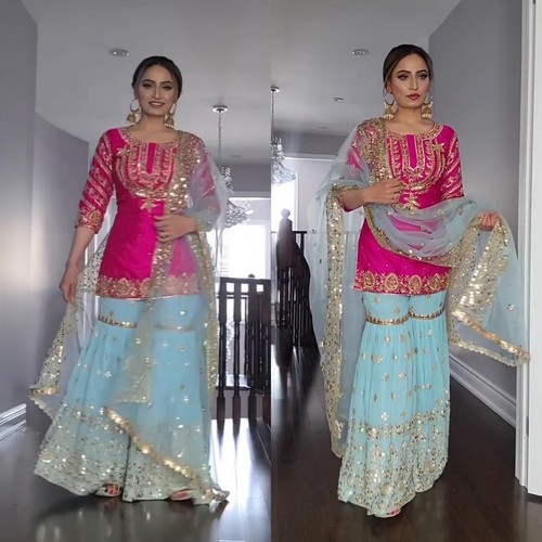 TUTA SHARA SALWAR KAMEEZ PRONTA ALL'USO DONNA INDIANA PAKISTANA KURTI PLAZZO matrimonio - Foto 1 di 11