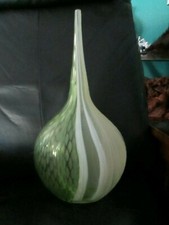 Unique Etched 16" Tall Art Glass Vase Sea Green White Textured Decorative