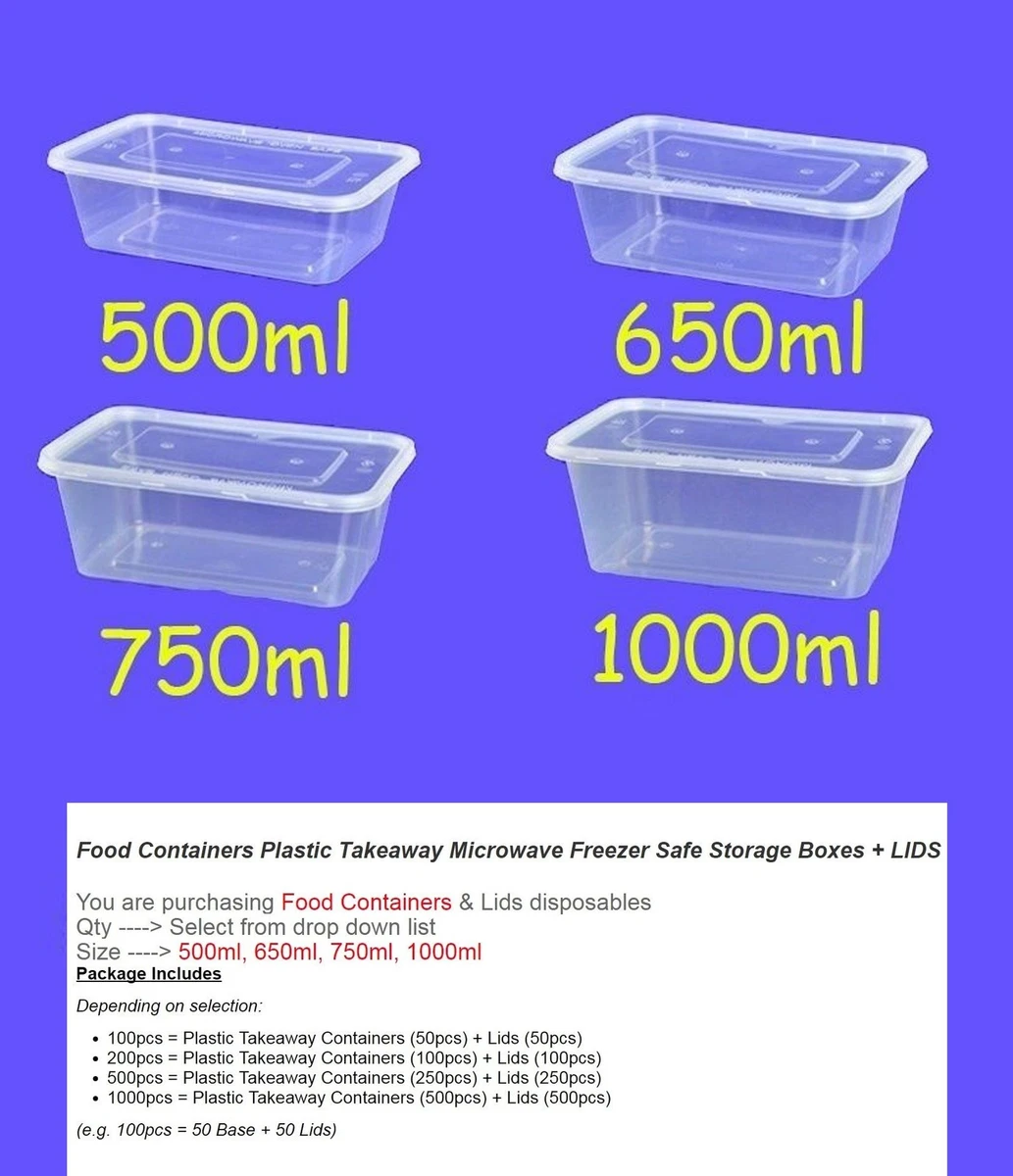 Food Containers Plastic Takeaway Storage Boxes Bulk 500ml 650ml 750ml  1000ml NEW