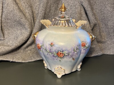 Vintage Handpainted Footed Biscuit Jar Lid Floral Roses Gold Trimmed signed
