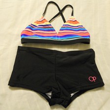 Op Girl SwimSuit Set Swimwear Kids Medium 7-8 Black Stripe UPF 50 