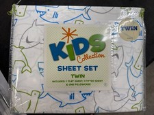 KIDS COLLECTION White BLUE GREEN Sharks Sheet Set - Twin POLYESTER