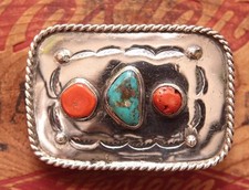 Vtg Hand Made Sterling Silver Native American Style Turquoise Coral Belt Buckle