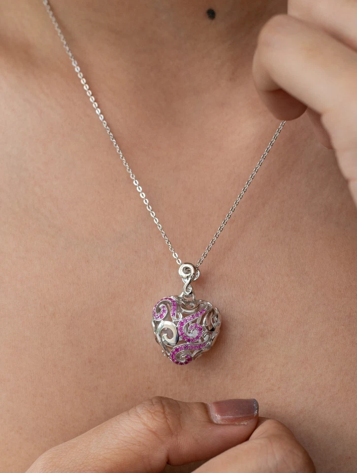 Collar Colgante Corazón Plata 925 Rubí Rojo Chapado en Rodio 17" Ajustable Foto 3 de 4