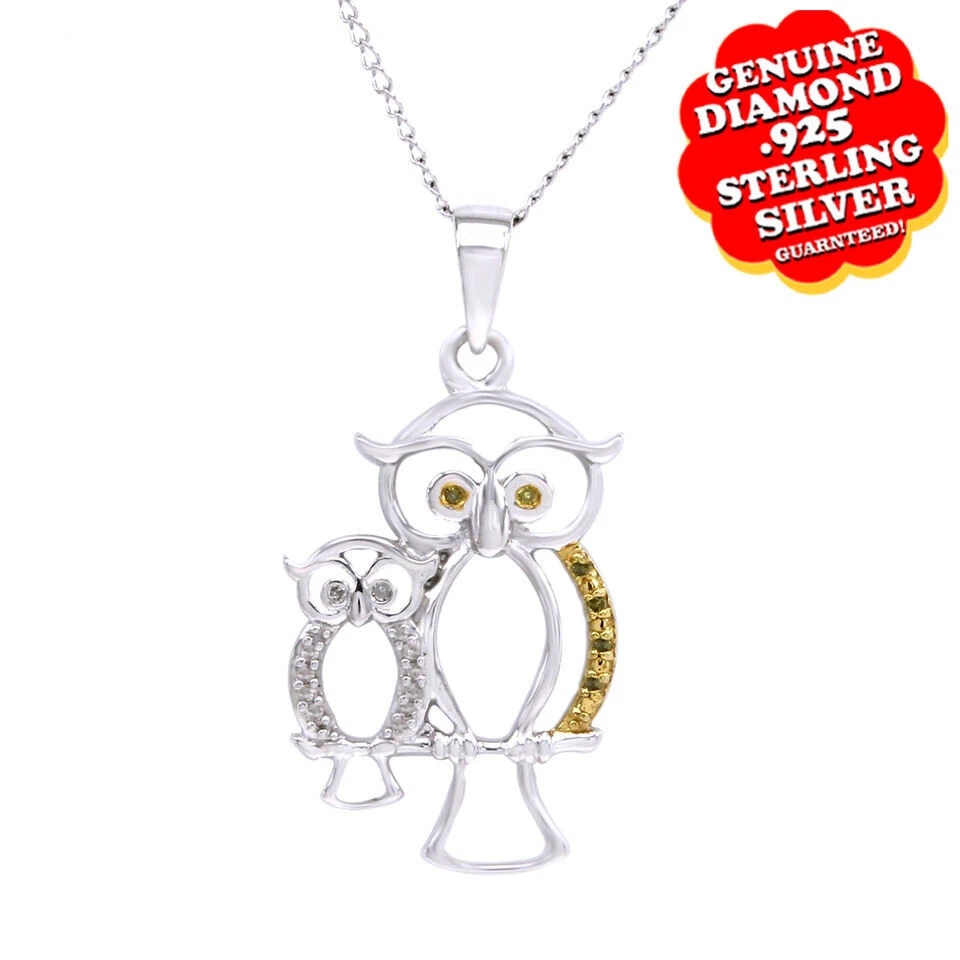 Collar Colgante Búho Amarillo y Blanco Diamante Real Chapado en Oro Blanco 14K Esterlina Foto 4 de 4
