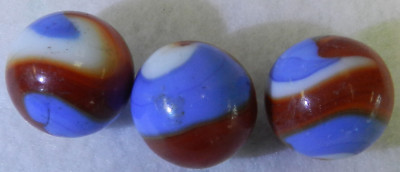 #18767m Vintage Group of 3 Akro Agate Red white and Blue Shooter Marbles