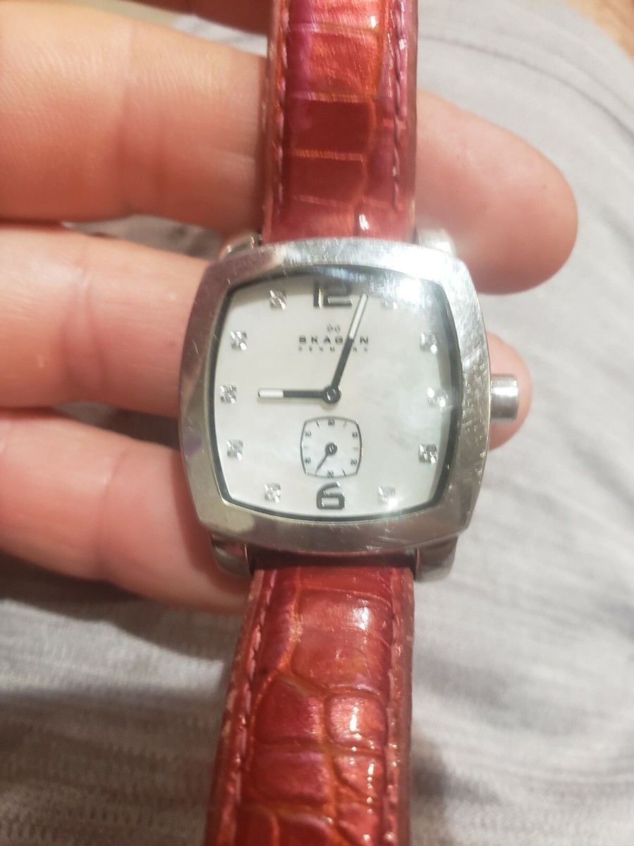 Skagen womens watch 30mm Mother of Pearl Dial Red Leather Band Rhinestones SKAGEN Silver Tone Mother Of Pearl Dial Sub Seconds 30mm  main image 4