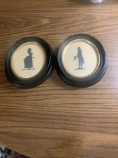 Pair Vintage Georgian Man & Woman Under Glass  Oval  5 3/4  X 6 3/4” Black Gold