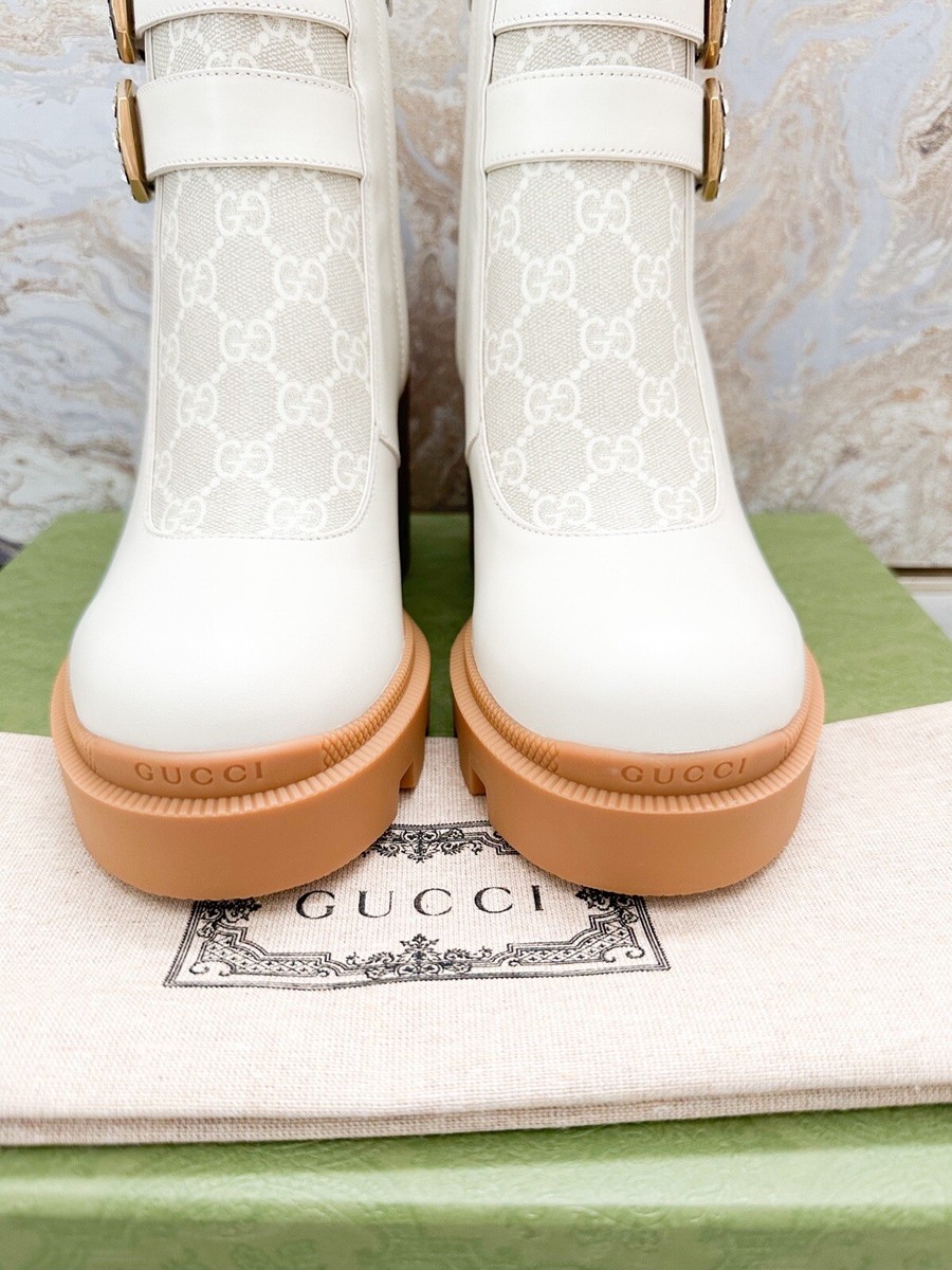 Gucci Kensington GG Supreme Monogram Double Buckle Leather Ankle