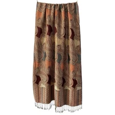 Vintage Luxury Brown Pashmina Silk Scarf Metallic Red Gold Paisley Fringe Wrap