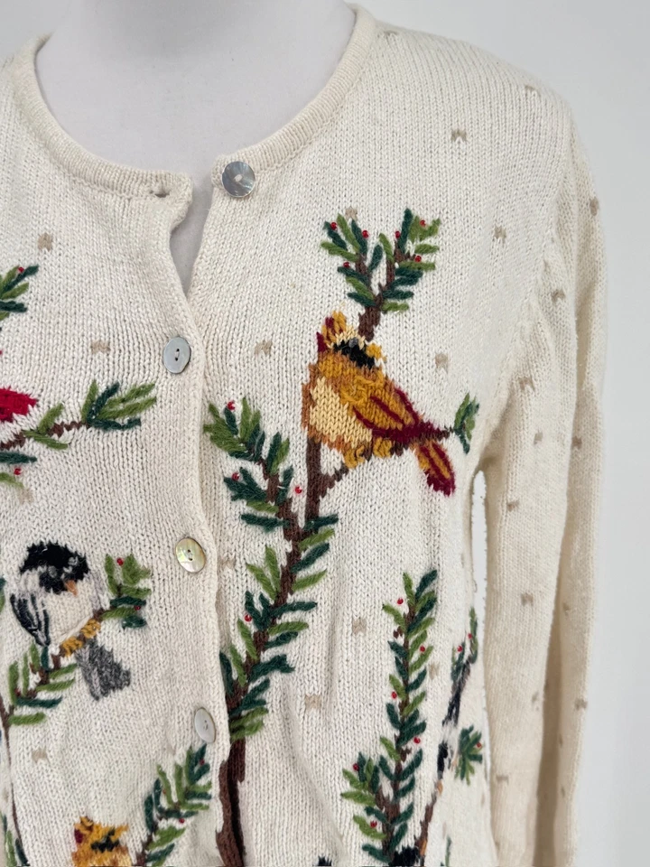 Northern Isles Vtg Holiday 2004 White Embroidered Birds Cardigan Sweater Sz M - Image 4 of 4
