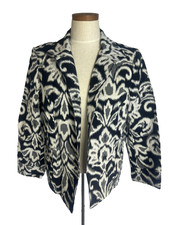 Chicos Womens Jacket Size 1 Sm Open Front Ikat Jacquard Blazer Navy Gray Cream