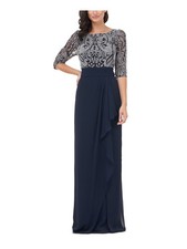 JS COLLECTION Womens Gown Dress Navy Elbow Sleeve Formal Faux Wrap Skirt 2