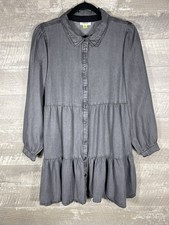 Gray Denim Tiered Long Sleeve Babydoll Button Dress Size M Edgy Grunge Spring