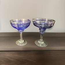 2 Hand Blown Clear Glass Cobalt Blue Swirl Margarita Glasses, Made In Mexico