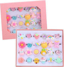 24Pcs Little Girl Jewel Rings, Adjustable, No Duplication Kids Play Ring in Box,