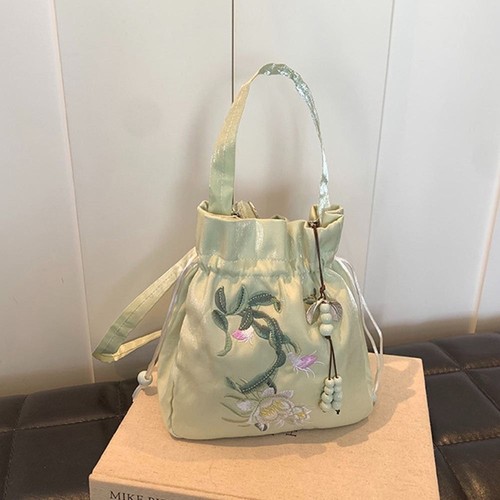 Canvas Women's Bag Flower Embroidery Bucket Bag Drawstrings Handbags Shopping - Picture 9 of 16