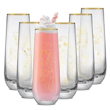 Disney Princess Sketch Stemless Flutes, 9.5oz Glass Cups ft Princes Jasmine A...