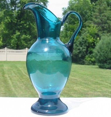 Vintage AquamarineTeal Blown Glass Ewer Pitcher Vase Blenko? Elegant Art 9.75''