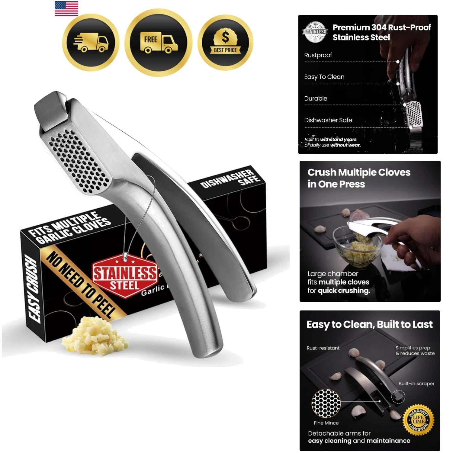 No Peeling Required Garlic Press Stainless Steel with Detachable Handle for F...