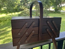Vintage 3-Tier Wood Accordion Sewing Chest w/ Legs-Handle with Needles & Thread