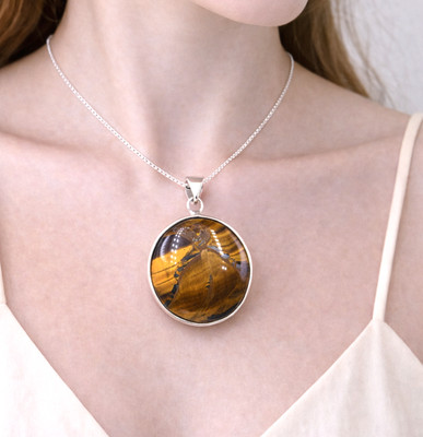 Golden Brown Tiger Eye Gemstone Round 925 silver sterling Pendant Rope Border 2''