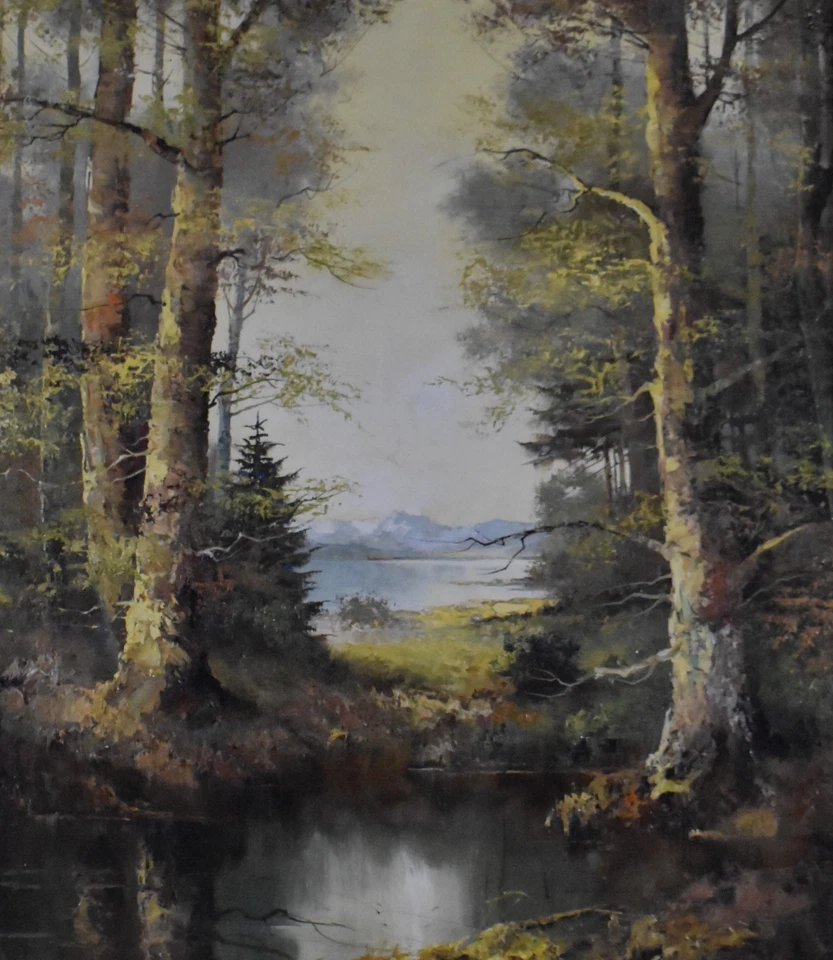 WILHELM VOLKER, Forest Scene Landscape Oil Painting in solid wood frame, 38"x34" - Image 2 of 4