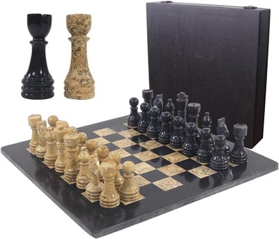 Radicaln Marble Chess Set with Storage Box Antique 15 Inches Black and Coral ...