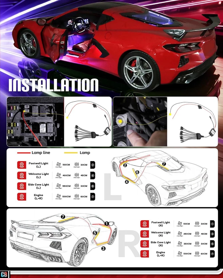 Luces LED RGB C8 para Corvette C8 Stingray Z51 Z06 E-Ray 2020-2025 (Bluetooth) Foto 3 de 4