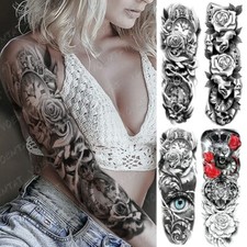 Large Arm Sleeve Tattoo Clocks Rose Eye Lion Waterproof Temporary Tatto Sticker
