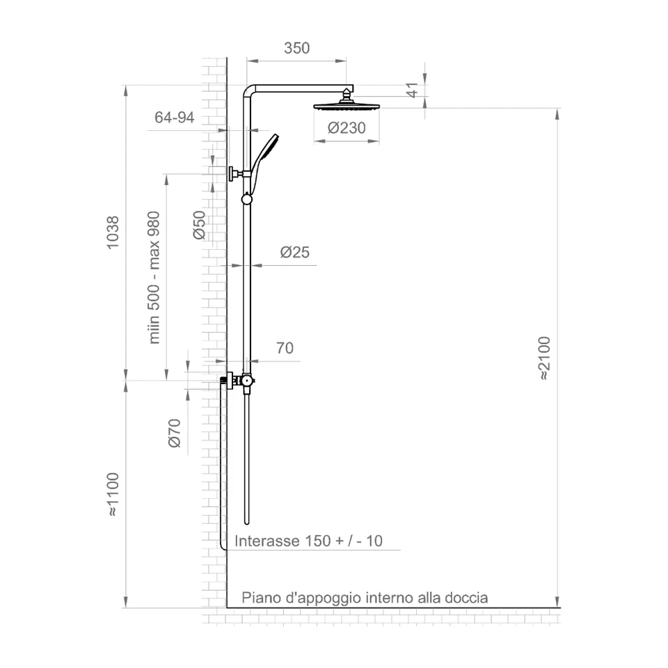 Asta colonna doccia PONSI ROUND-T telescopica MIX MECCANICO  deviatore a 2 vie - Immagine 2 di 3