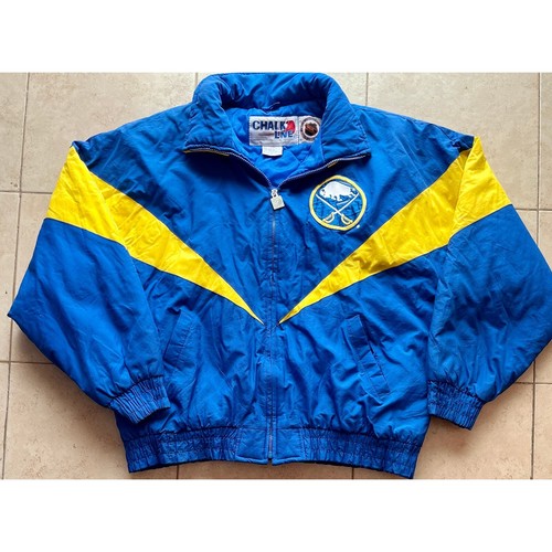 Buffalo Sabres 90s Chalk Line puffer jacket zip L blue yellow NHL hockey vintage - Picture 2 of 9