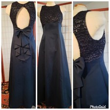 Vtg 80s Roberta navy blue empire waist bow Coocktail Party Bridal Prom dress