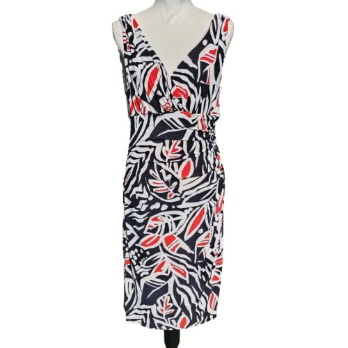 Lauren Ralph Lauren Red Black White Floral Leaf Print Faux Wrap Dress Size 12 - Picture 1 of 7